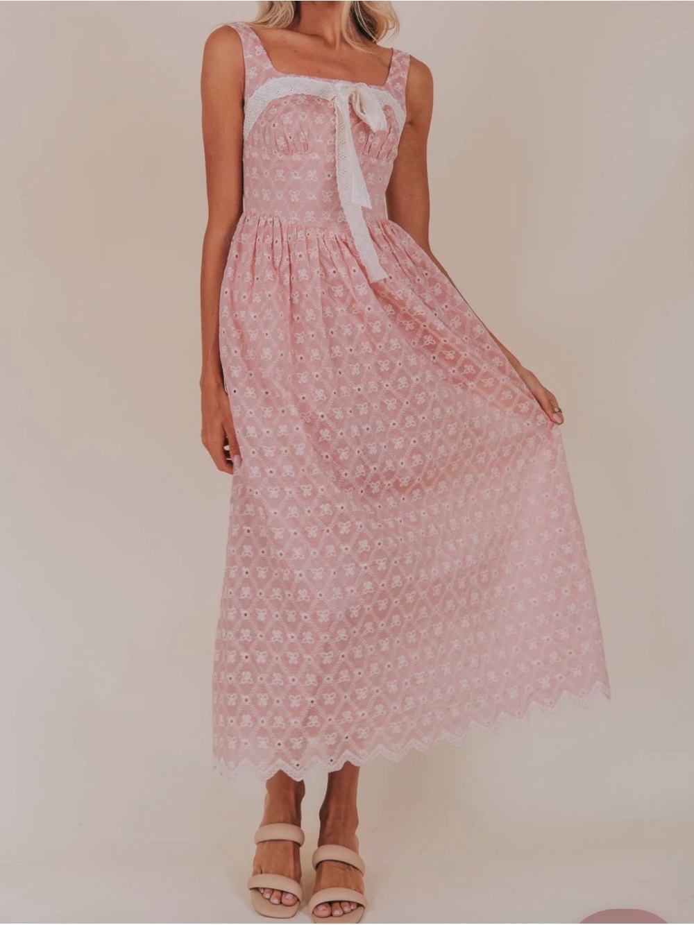 Coquette Pink Lace Maxi Sundress with Bow Detail NWT